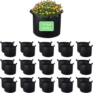 10 Gallon Garden Grow Bags, 30 Pack 10 Gal Planter Bags Fabric Pot Bags, Nonwoven Grow Bags Heavy Duty Aeration Fabric Pots with Handles, Garden Fabric Planters for Vegetables Flowers (Black)