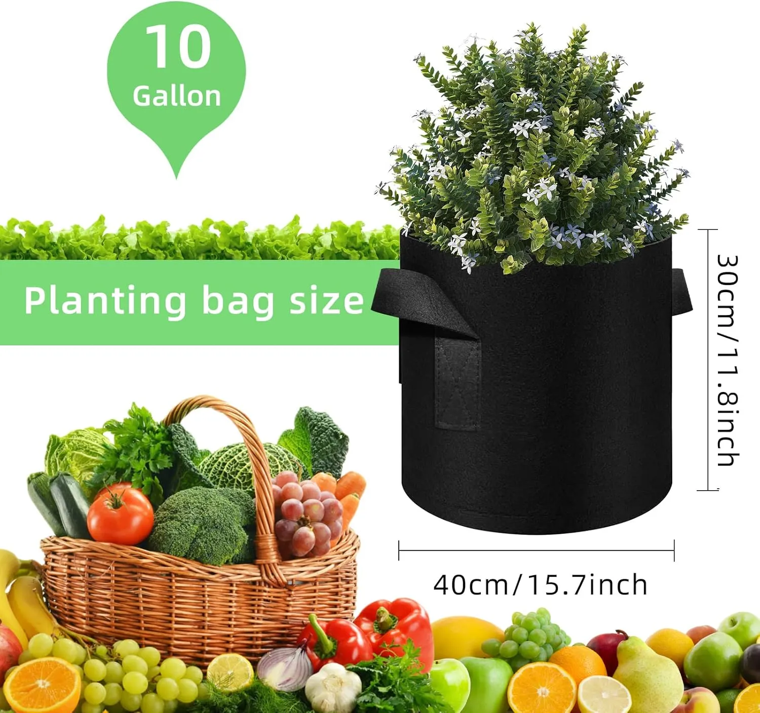 10 Gallon Garden Grow Bags, 30 Pack 10 Gal Planter Bags Fabric Pot Bags, Nonwoven Grow Bags Heavy Duty Aeration Fabric Pots with Handles, Garden Fabric Planters for Vegetables Flowers (Black)