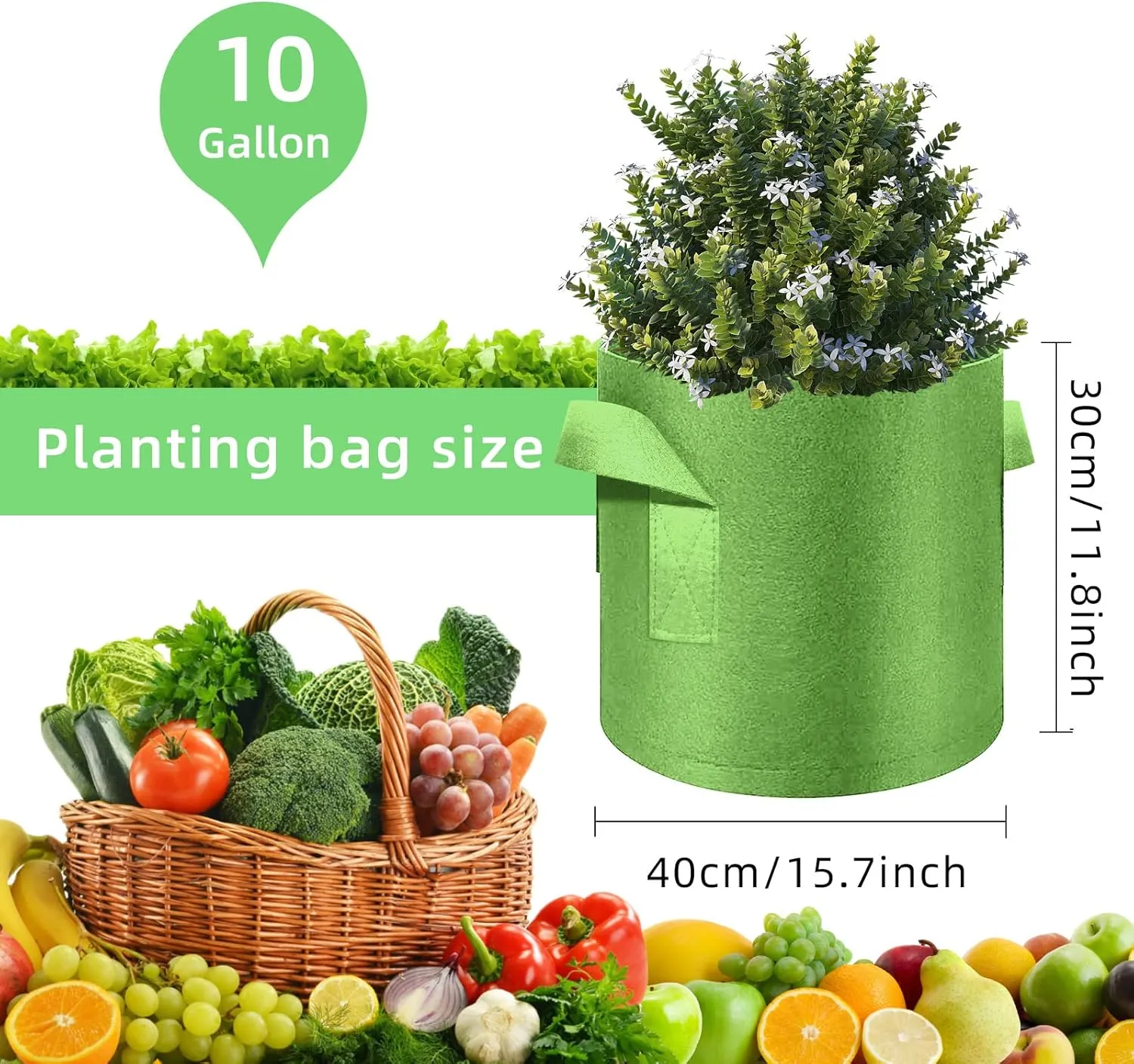 10 Gallon Garden Grow Bags, 30 Pack 10 Gal Planter Bags Fabric Pot, Nonwoven Grow Pots Heavy Duty Aeration Fabric Pots with Handles, Garden Fabric Planters for Vegetables Flowers (Green)
