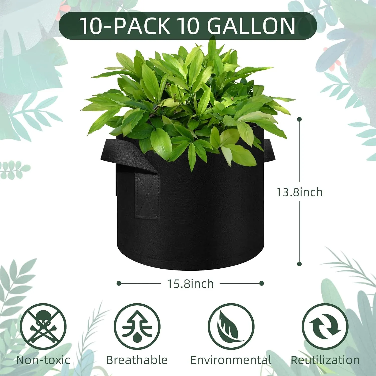10 Gallon Grow Bags 10 Pack, Heavy Duty Thickened Nonwoven Fabric Pots with Handles, Plant Grow Bags for Vegetable/Flower/Plant/Fruits, Black