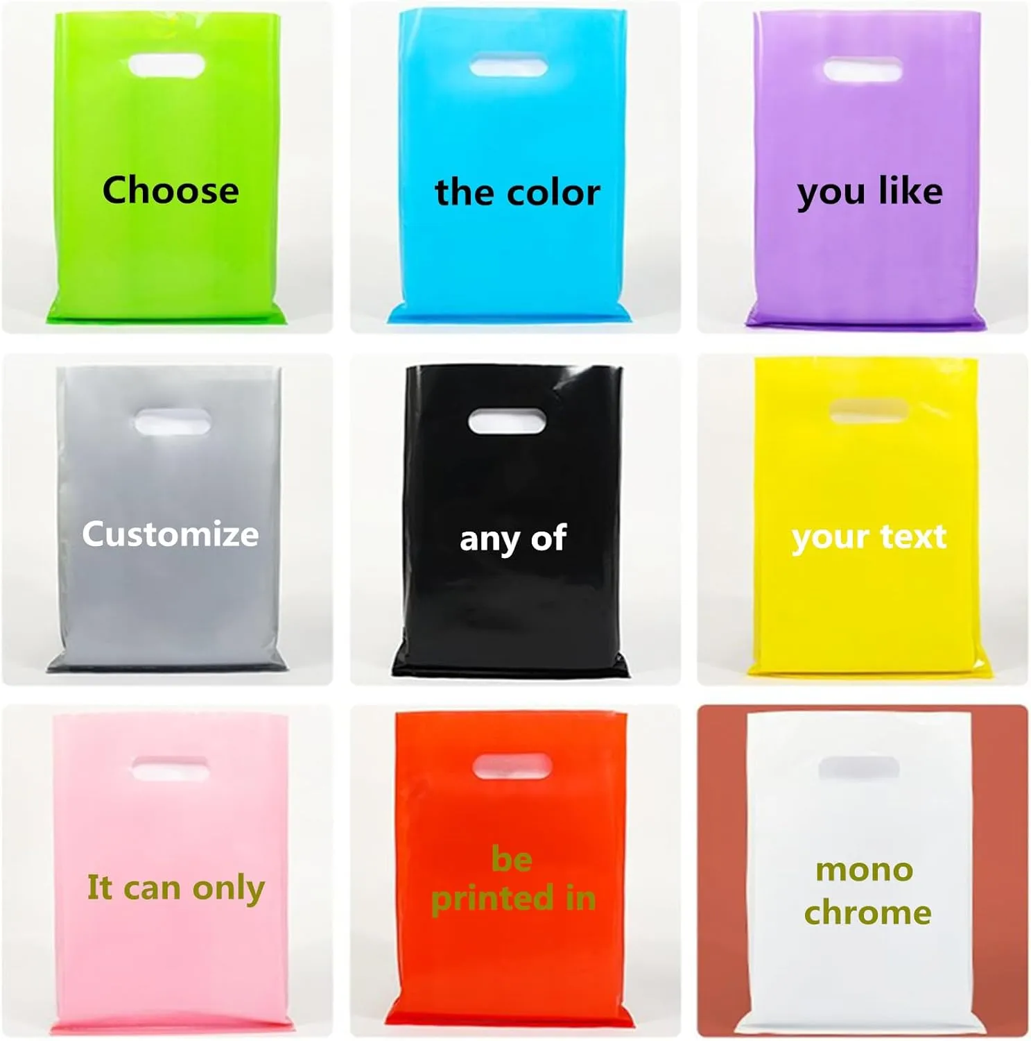 100 Affordable custom plastic bags with logo for clothing stores, boutiques, retailers, trade shows and small businesses, party events, etc. (5.9x7.9in)