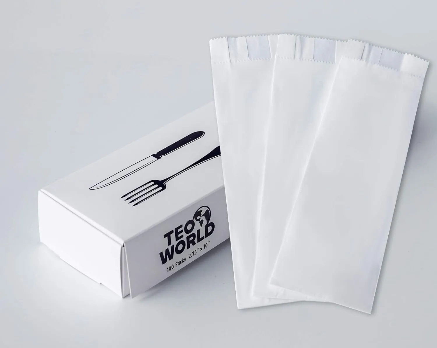 100 Pack 100% White Kraft Paper Bags, 2.75 x 10 inches White Plain Bag Kitchen Cutlery Utensils Holder (Box of 100 pcs)