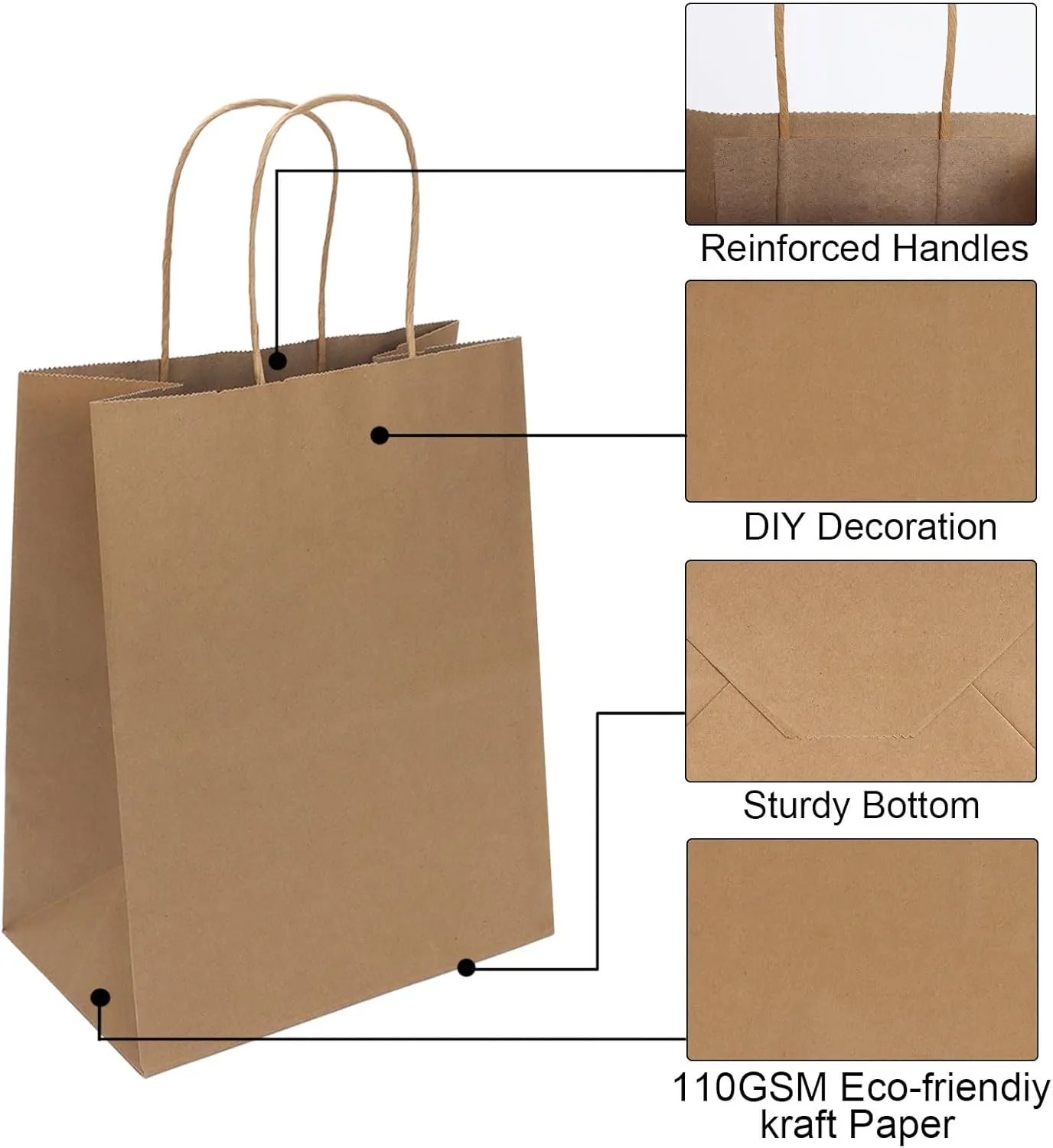 100 Pack 8x4.75x10 Inch Medium Brown Paper Bags with Handles Bulk, Joybe Kraft Paper Gift Bags for Birthday Party Favors Grocery Retail Shopping Business Goody Craft Blank Sacks (Plain Natural 100pcs)