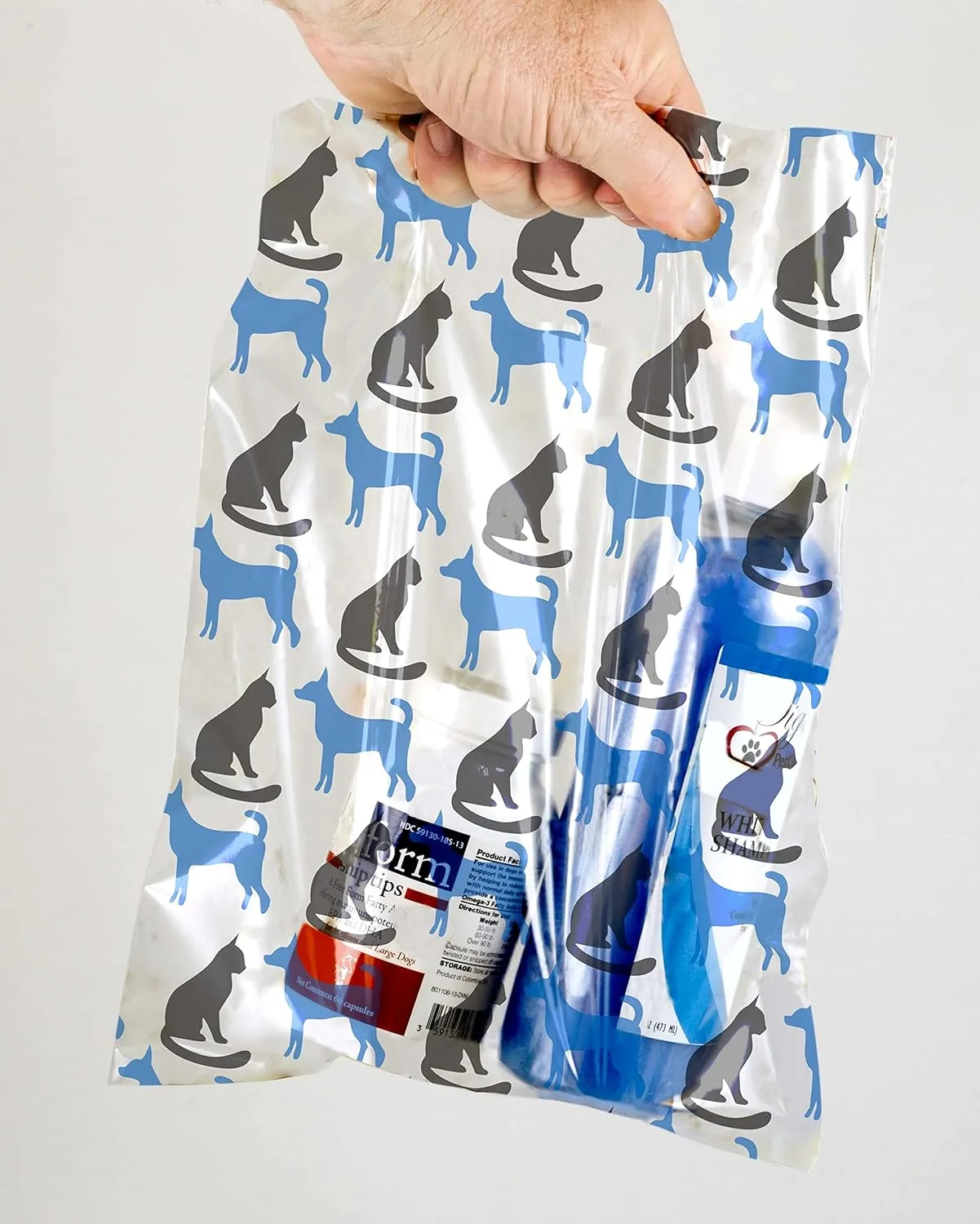 100 Pcs Pet Themed Print Bags — Dog & Cat in Heart Silhouette, MSP1009 Clear Plastic Scatter Bags, Veterinary Treat Bag for Cat & Dog — Goodie Bags w/Handles for Parties — Navy & Teal (9 x 12)