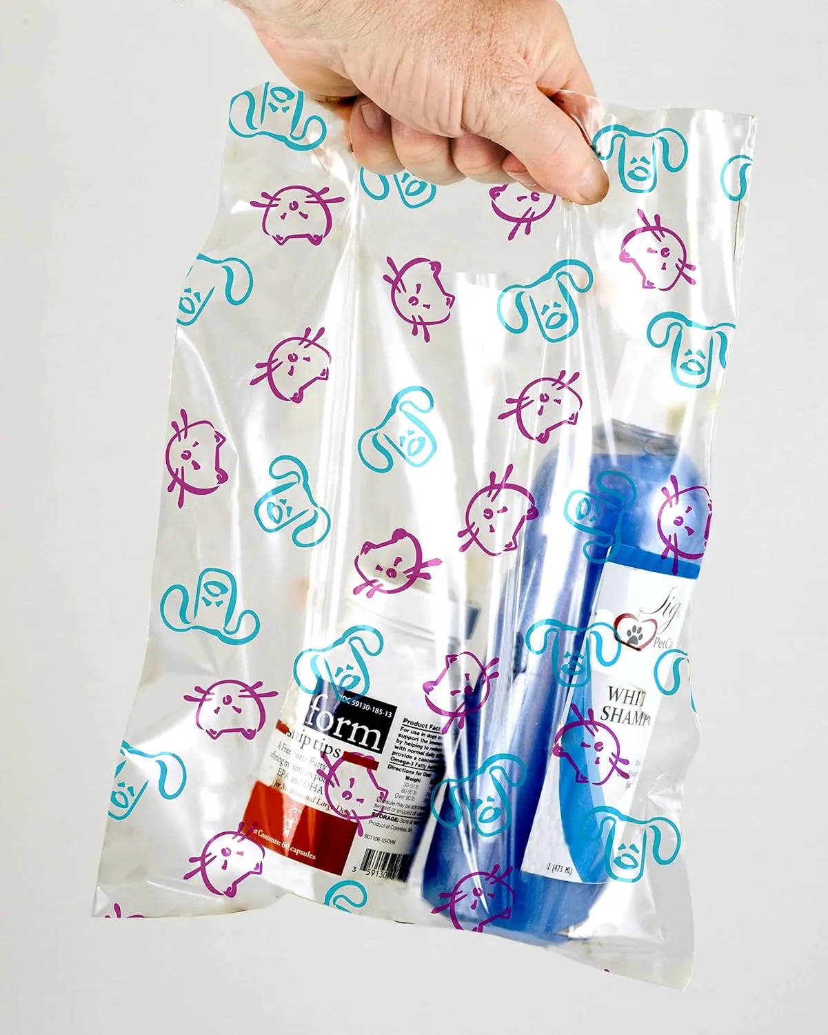 100 Pcs Pet Themed Print Bags — Dog & Cat in Heart Silhouette, MSP1009 Clear Plastic Scatter Bags, Veterinary Treat Bag for Cat & Dog — Goodie Bags w/Handles for Parties — Navy & Teal (9 x 12)