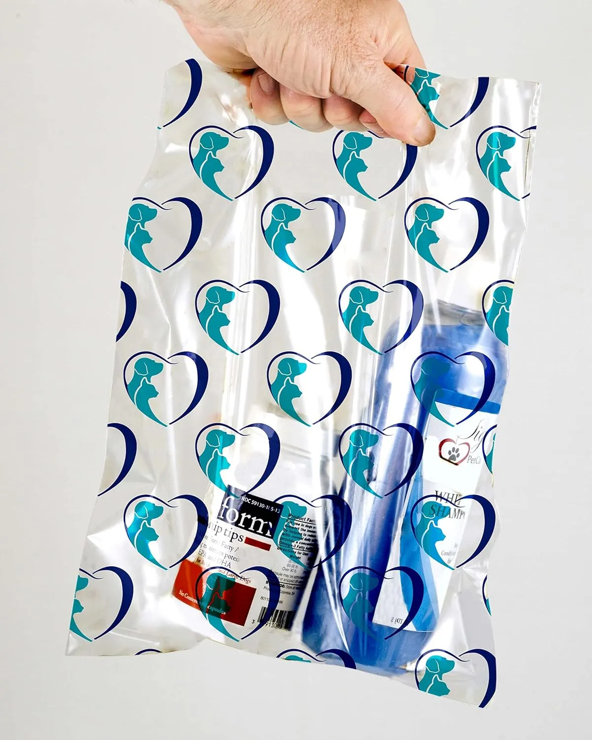 100 Pcs Pet Themed Print Bags — Dog & Cat in Heart Silhouette, MSP1009 Clear Plastic Scatter Bags, Veterinary Treat Bag for Cat & Dog — Goodie Bags w/Handles for Parties — Navy & Teal (9 x 12)