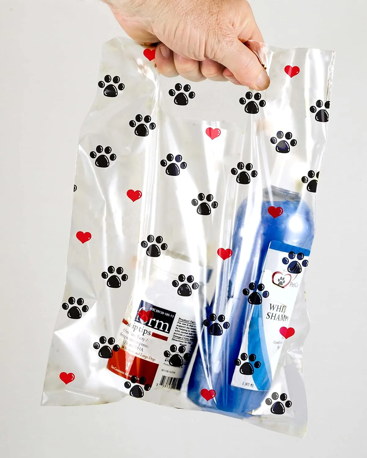 100 Pcs Pet Themed Print Bags — Dog & Cat in Heart Silhouette, MSP1009 Clear Plastic Scatter Bags, Veterinary Treat Bag for Cat & Dog — Goodie Bags w/Handles for Parties — Navy & Teal (9 x 12)