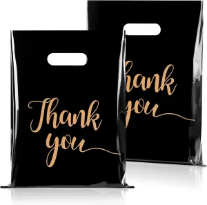 100 PCS Thank You Merchandise Bags, Extra Thick 2.36 Mil 9 x 12 Inches Black Plastic Shopping Bags with Handles for Small Business, Retail Boutique, Stores, Clothes