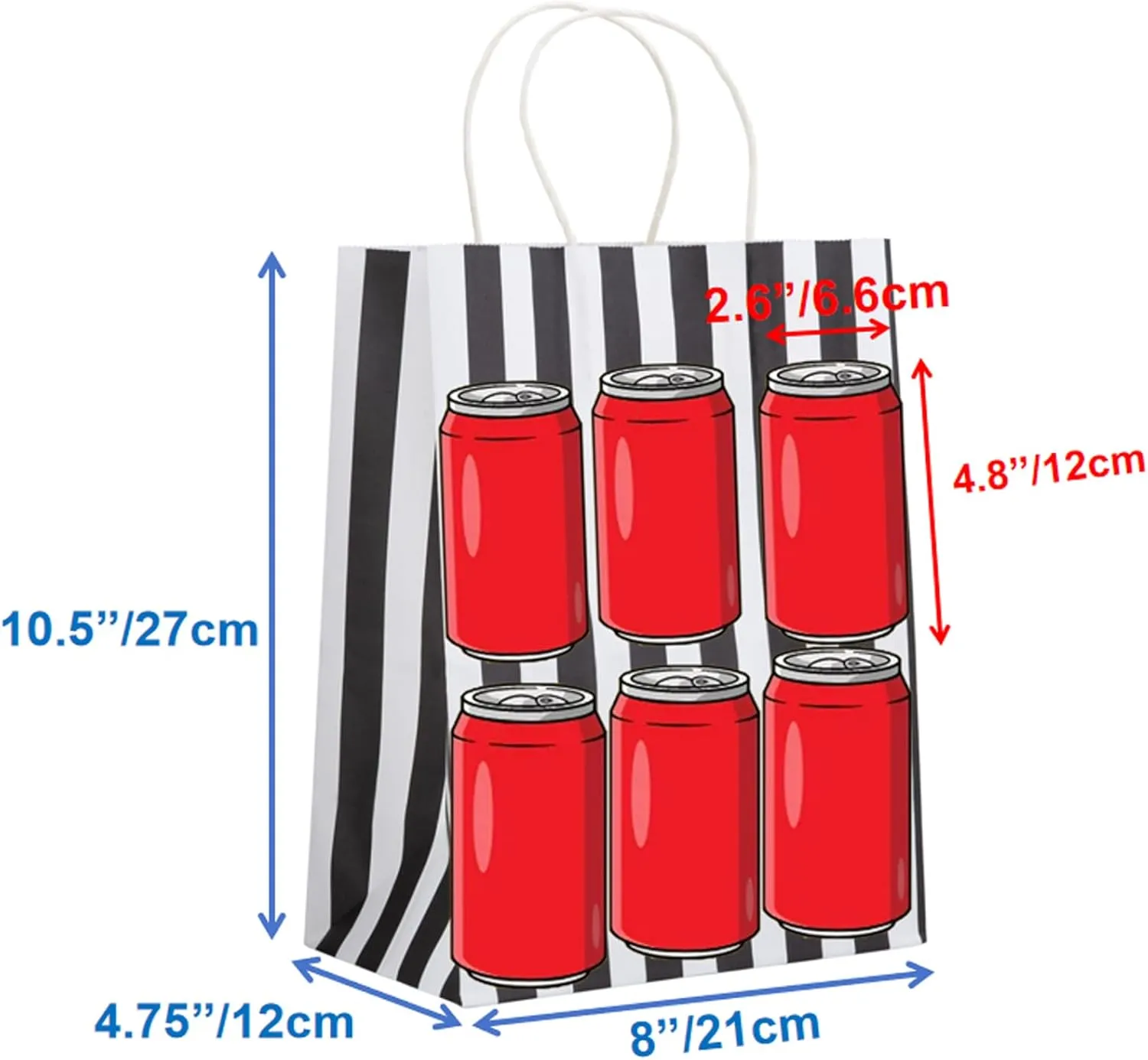 100Pcs Gift Bags 8x4.75x10.5 Inches Black And White Paper Bags With Handles Medium Striped Kraft Bag Bulk For Business, Party, Shopping, Retail, Birthday, Graduation, Halloween