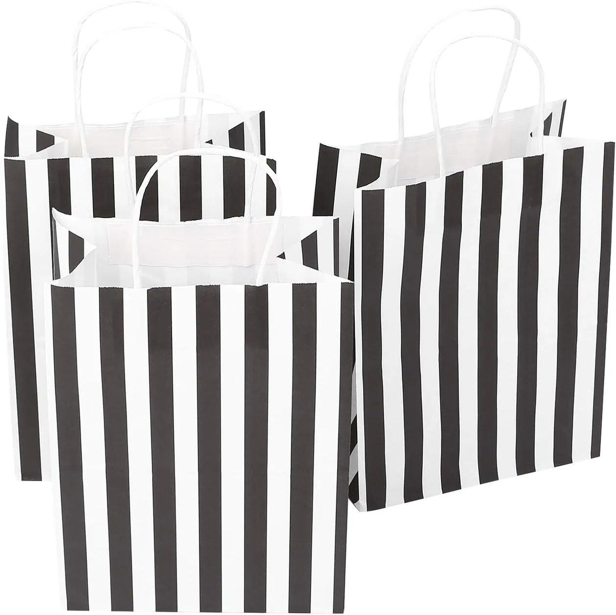 100Pcs Gift Bags 8x4.75x10.5 Inches Black And White Paper Bags With Handles Medium Striped Kraft Bag Bulk For Business, Party, Shopping, Retail, Birthday, Graduation, Halloween