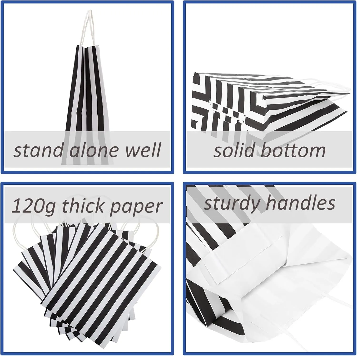 100Pcs Gift Bags 8x4.75x10.5 Inches Black And White Paper Bags With Handles Medium Striped Kraft Bag Bulk For Business, Party, Shopping, Retail, Birthday, Graduation, Halloween