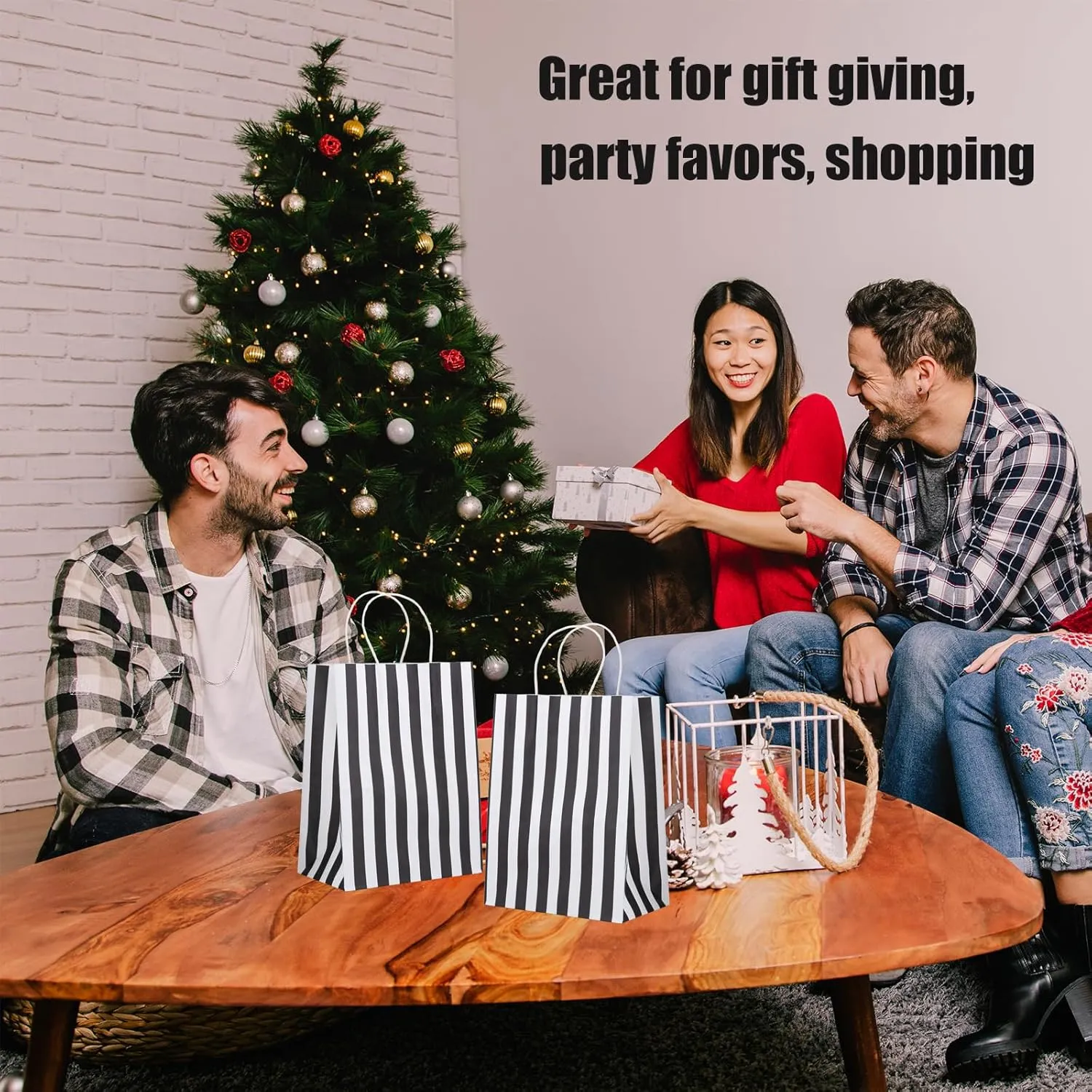 100Pcs Gift Bags 8x4.75x10.5 Inches Black And White Paper Bags With Handles Medium Striped Kraft Bag Bulk For Business, Party, Shopping, Retail, Birthday, Graduation, Halloween