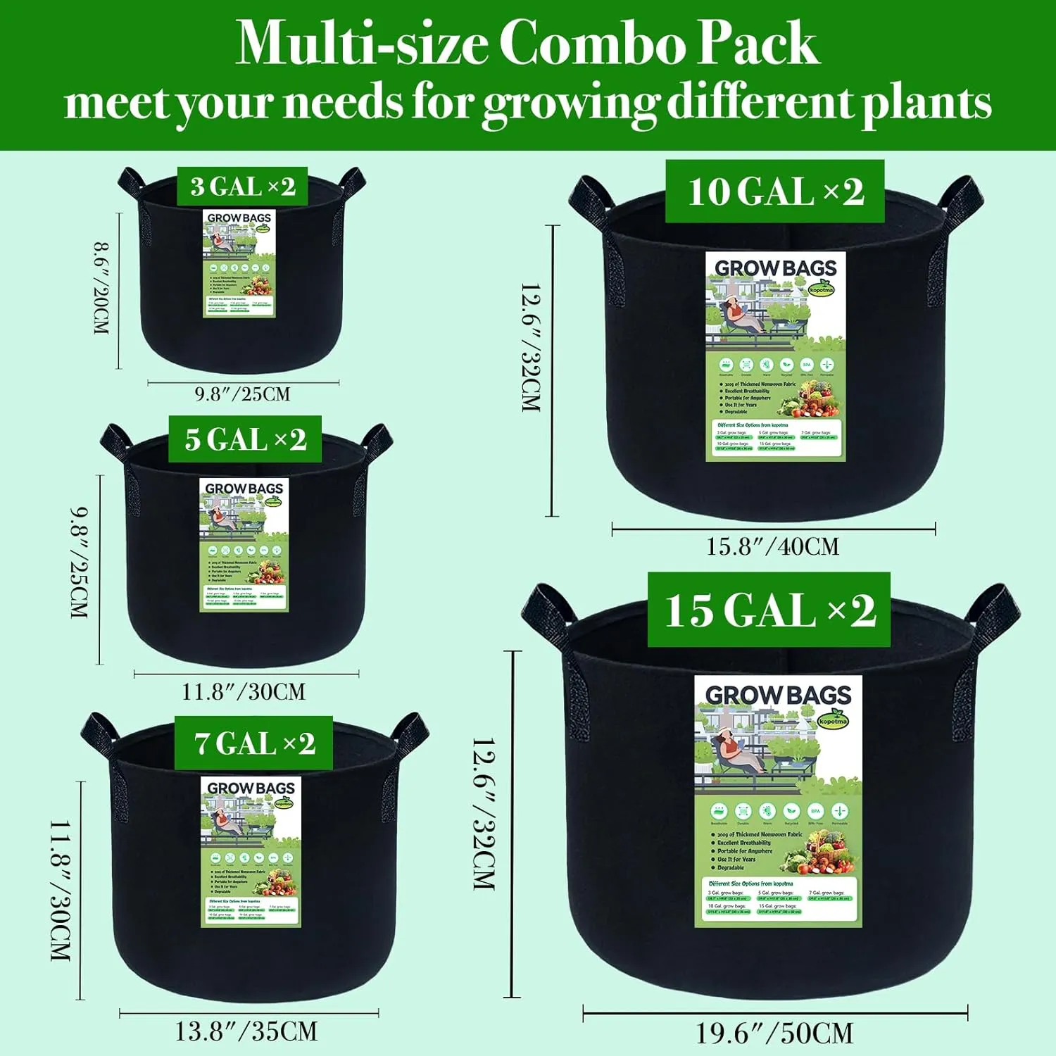10Packs Mixed Size Grow Bags, Fabric Plant Grow Bags, Variety Sizes Fabric Planters, Garden Bgas Fabric Pots, 3Gal/5Gal/7Gal/10Gal/15Gal * 2