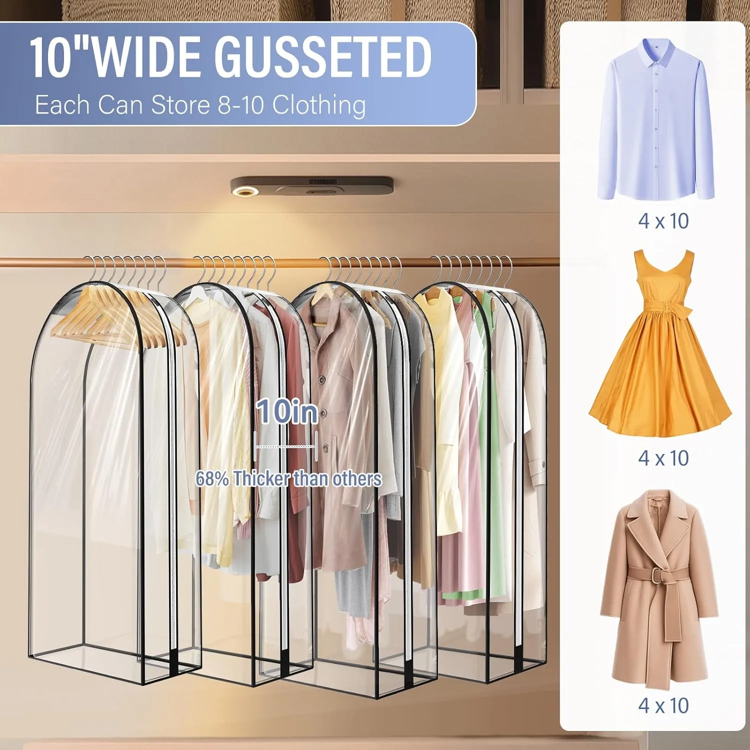 10" Gusseted All Clear Garment Bags - 4 Pack 50" Hanging Clothes Storage Bags for Suits, Coats, Dresses, Shirts - Side Zipper, Breathable Fabric, Dustproof, Waterproof PEVA Material (50 inch)