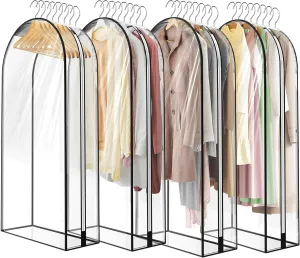 10" Gusseted All Clear Garment Bags - 4 Pack 50" Hanging Clothes Storage Bags for Suits, Coats, Dresses, Shirts - Side Zipper, Breathable Fabric, Dustproof, Waterproof PEVA Material (50 inch)