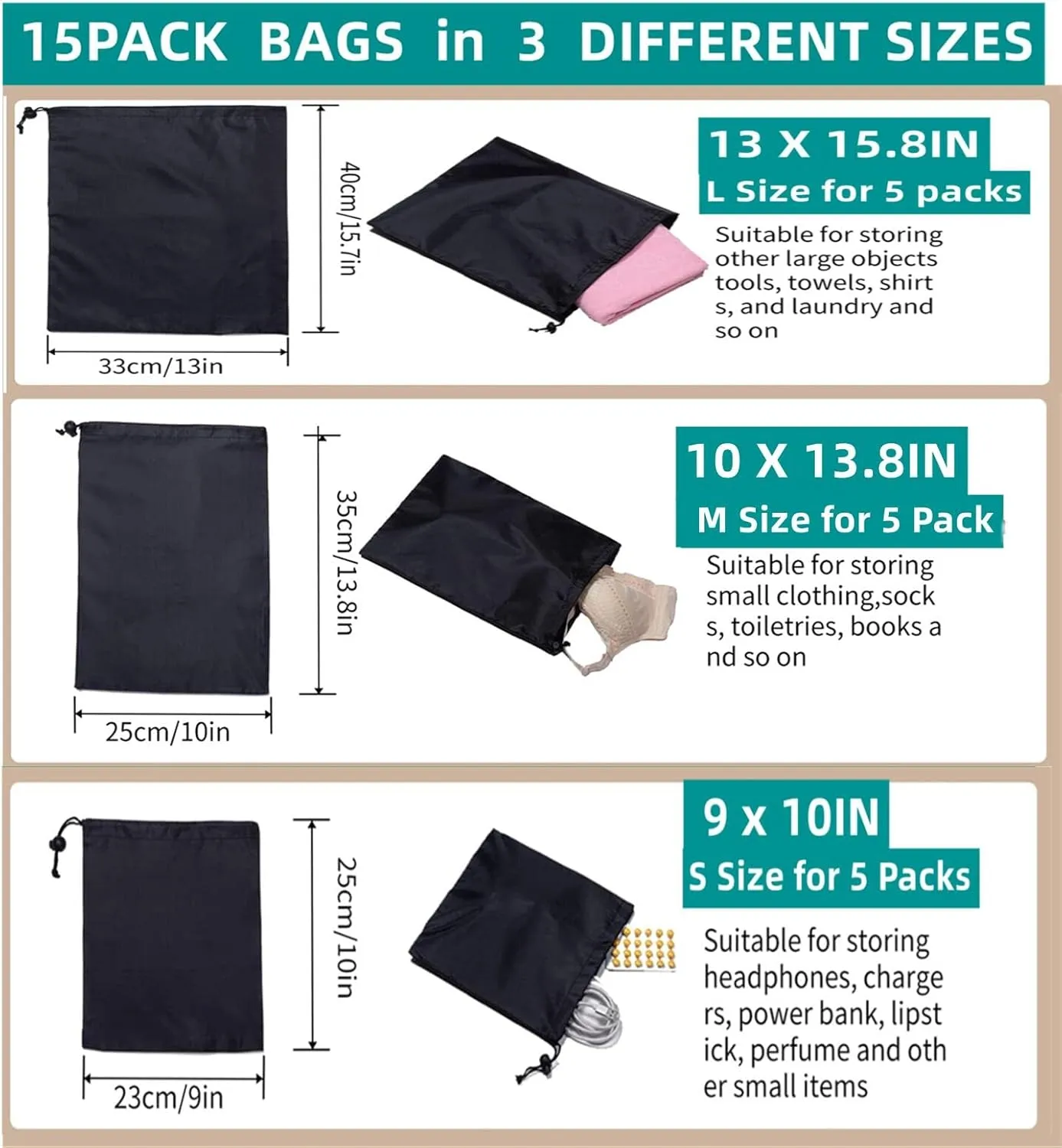 15packs Drawstring Bag String with Toggle - 15Pcs 3Size Nylon Cinch Gym Drawstring Ditty Bag Stuff Sack Storage Pouch with Toggle for Travel, Shoes Bag
