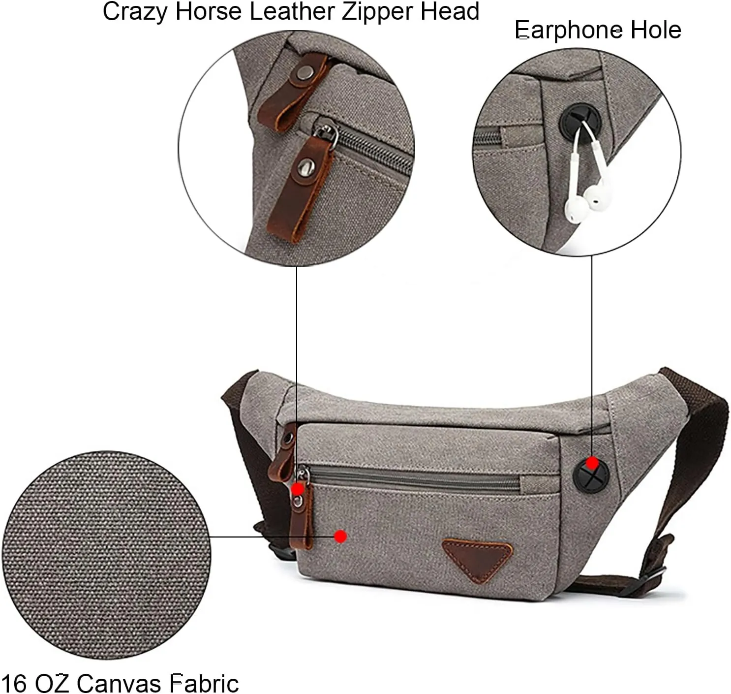 16 OZ Canvas Fanny Pack for Men Women, Cross Body Waist Pack Belt Bag for Travel Walking Running Hiking Cycling (Grey)