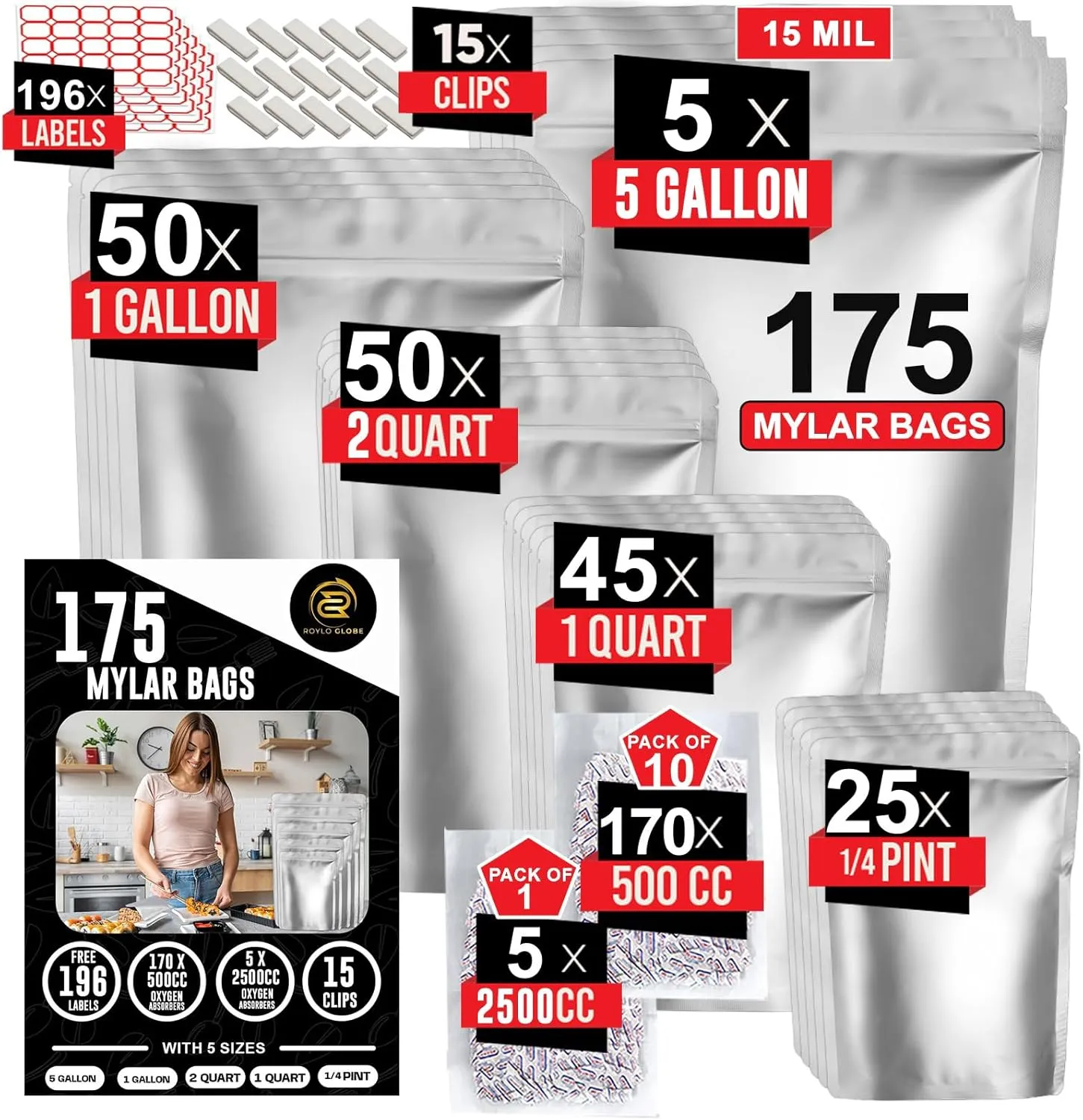 175 Mylar Bags with 175 Oxygen Absorbers-196 Labels & Stand-Up Reusable 5 Sizes Airtight Smell Proof Resealable Bags with 15 Clips-11&15 MIL Food Storage Large Mylar Bags