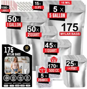 175 Mylar Bags with 175 Oxygen Absorbers-196 Labels & Stand-Up Reusable 5 Sizes Airtight Smell Proof Resealable Bags with 15 Clips-11&15 MIL Food Storage Large Mylar Bags