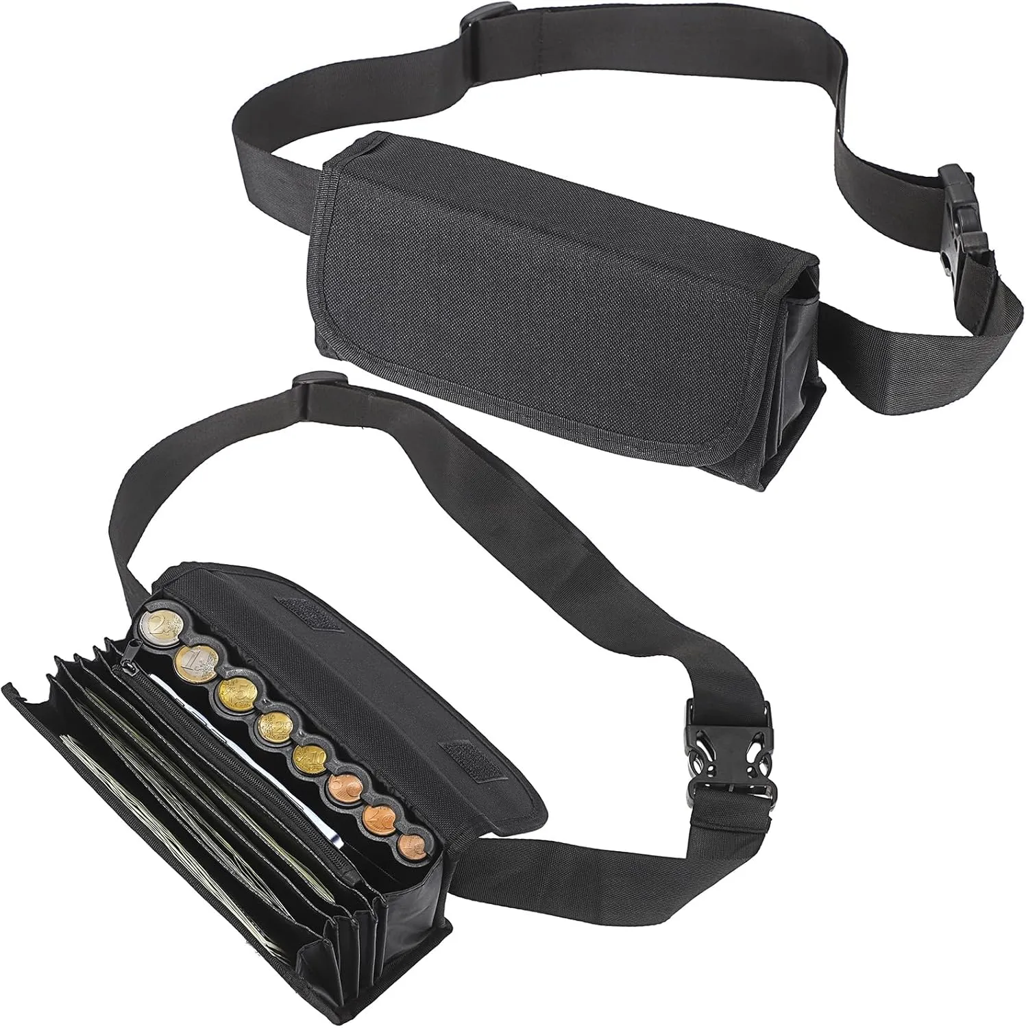 2 Pack Euro Coin Holder and Dispenser, Fanny Pack with Banknote Waiters Purse, Black Coin Storage Bag with Belt for Waitress Server Collector Cashier