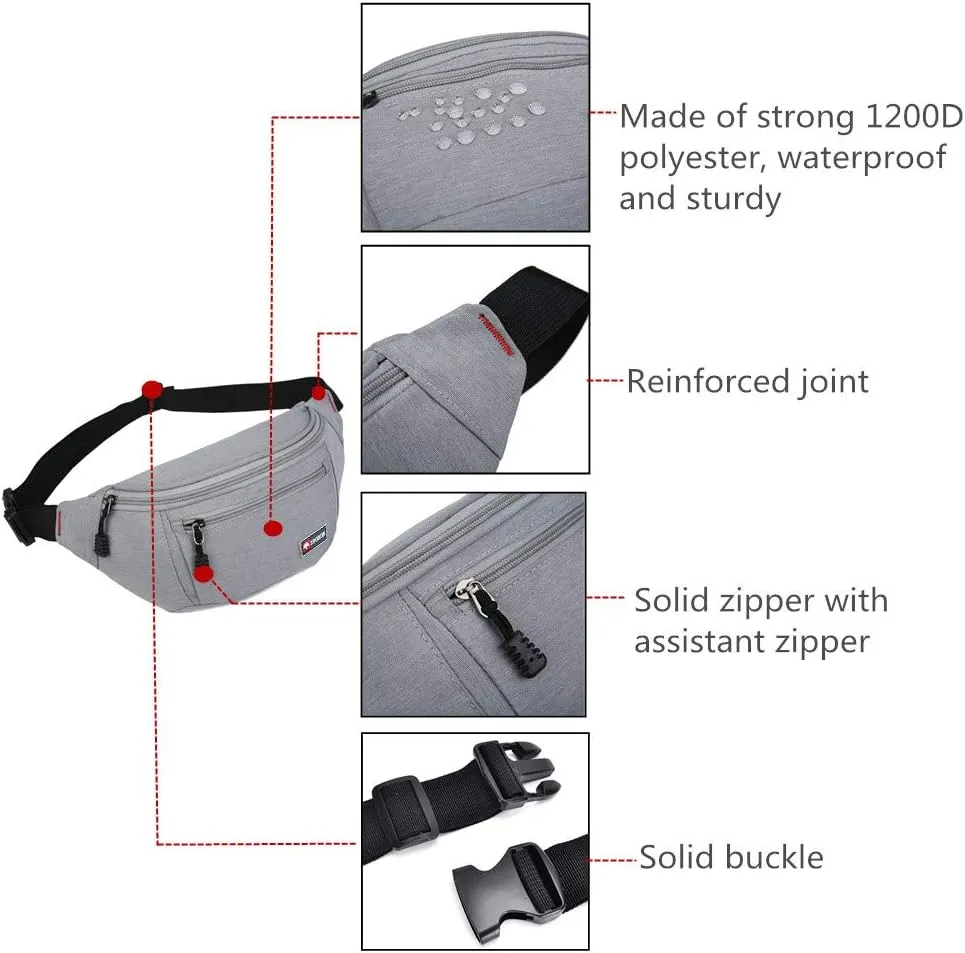 2 Packs Fanny Packs for Men and Women, Water Resistant Sports Waist Pack Bag Bum Bag for Travel Hiking Running (Black   Gray)