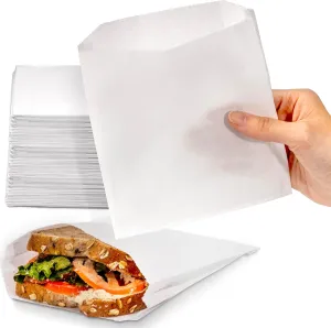 [200 Pack] Plain 7 x 6 x 1" Wet Wax Paper Sandwich Bags, Food Grade Water Grease Resistant, White Glassine Semi Translucent