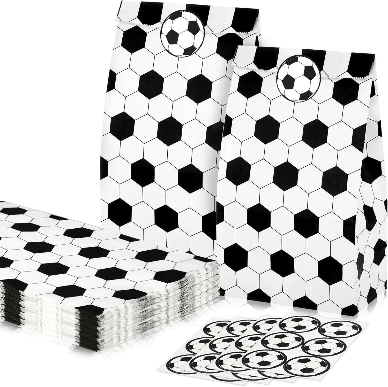24 Pcs Soccer Party Bags with Stickers Soccers Goodie Bags Snack Bag Soccers Print Candy Treat Paper Gift Bag for Soccer Birthday Sports Theme Event Party Supplies