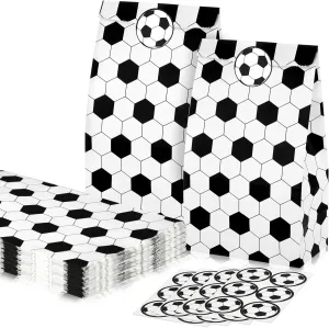 24 Pcs Soccer Party Bags with Stickers Soccers Goodie Bags Snack Bag Soccers Print Candy Treat Paper Gift Bag for Soccer Birthday Sports Theme Event Party Supplies