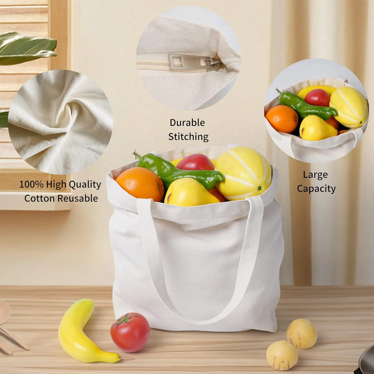 2Pcs Cotton Canvas Tote Bags 15.7" L x 13" H x 3.9" W DIY Crafts Blank Plain Natural Canvas Bag,Great Wedding Gift