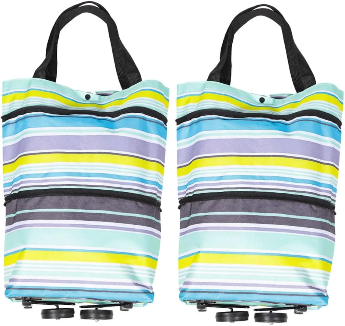 2pcs Foldable Shopping Cart with Wheels Pull Handle Lightweight Trolley Tote Bag for Groceries Portable Rolling Shopping Bag Convenient Collapsible Design Striped