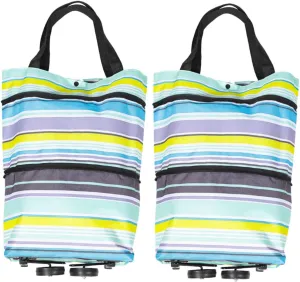 2pcs Foldable Shopping Cart with Wheels Pull Handle Lightweight Trolley Tote Bag for Groceries Portable Rolling Shopping Bag Convenient Collapsible Design Striped