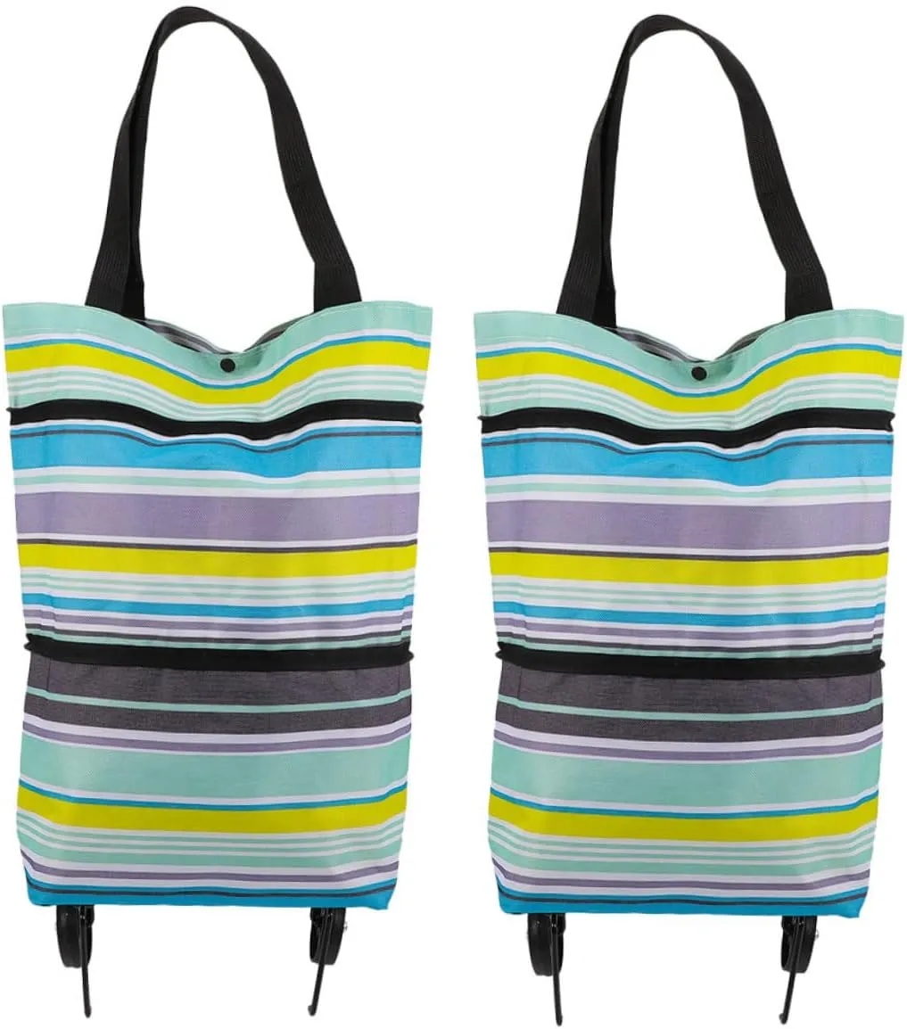 2pcs Portable Shopping Cart with Wheels Foldable Rolling Tote Bag for Women Lightweight and Convenient Grocery Bag Striped Design for and Carrying