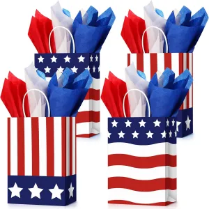 30 Pcs Patriotic Gift Bags with Handle with 30 Pcs Red White Blue Tissue Paper 4th of July American Flag USA Gift Bags for Veterans Memorial Day Independence Day(Classic Style)