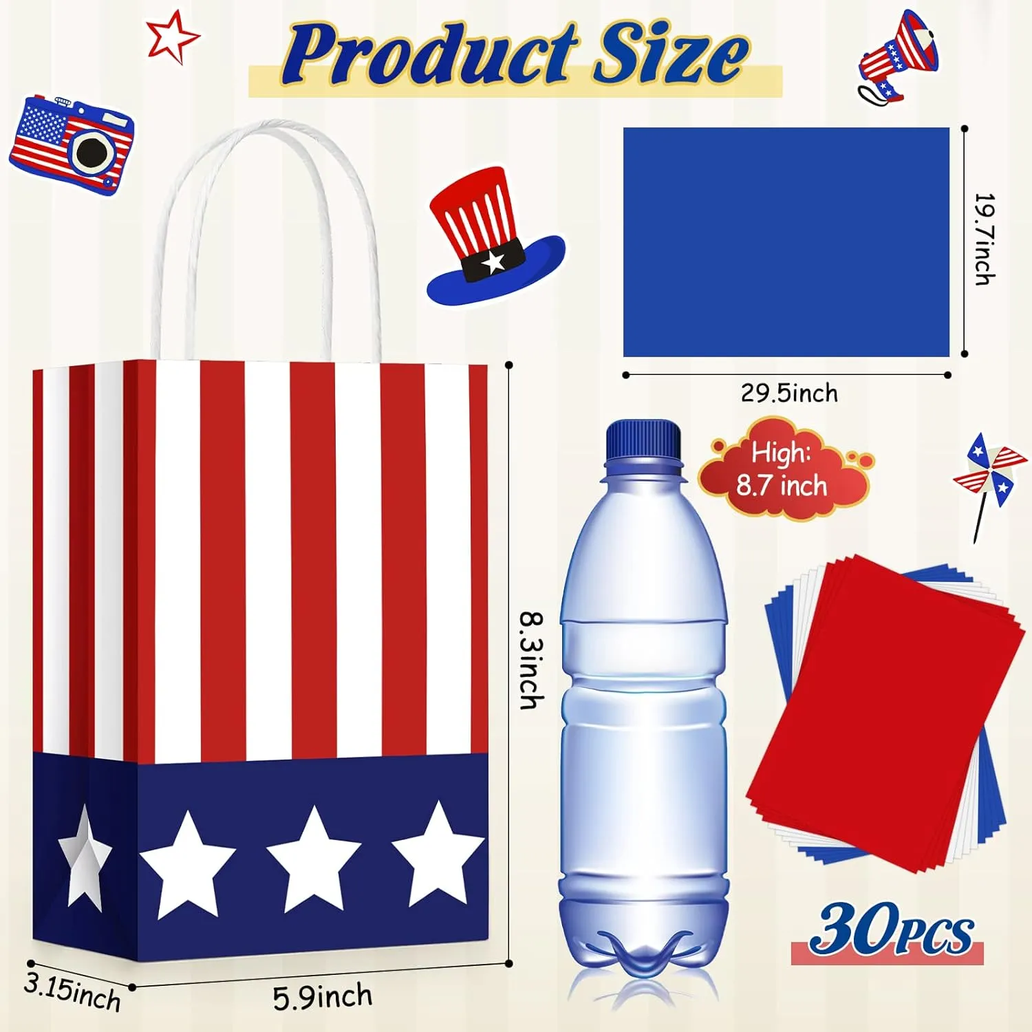 30 Pcs Patriotic Gift Bags with Handle with 30 Pcs Red White Blue Tissue Paper 4th of July American Flag USA Gift Bags for Veterans Memorial Day Independence Day(Classic Style)