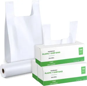 300 Count Plastic Grocery Bags with Handles Large T Shirt Shopping Bags for Small Business Restaurants Convenience Store 1.2 Mil Dispenser Roll Plain White 12 x 6 x 22 Inch