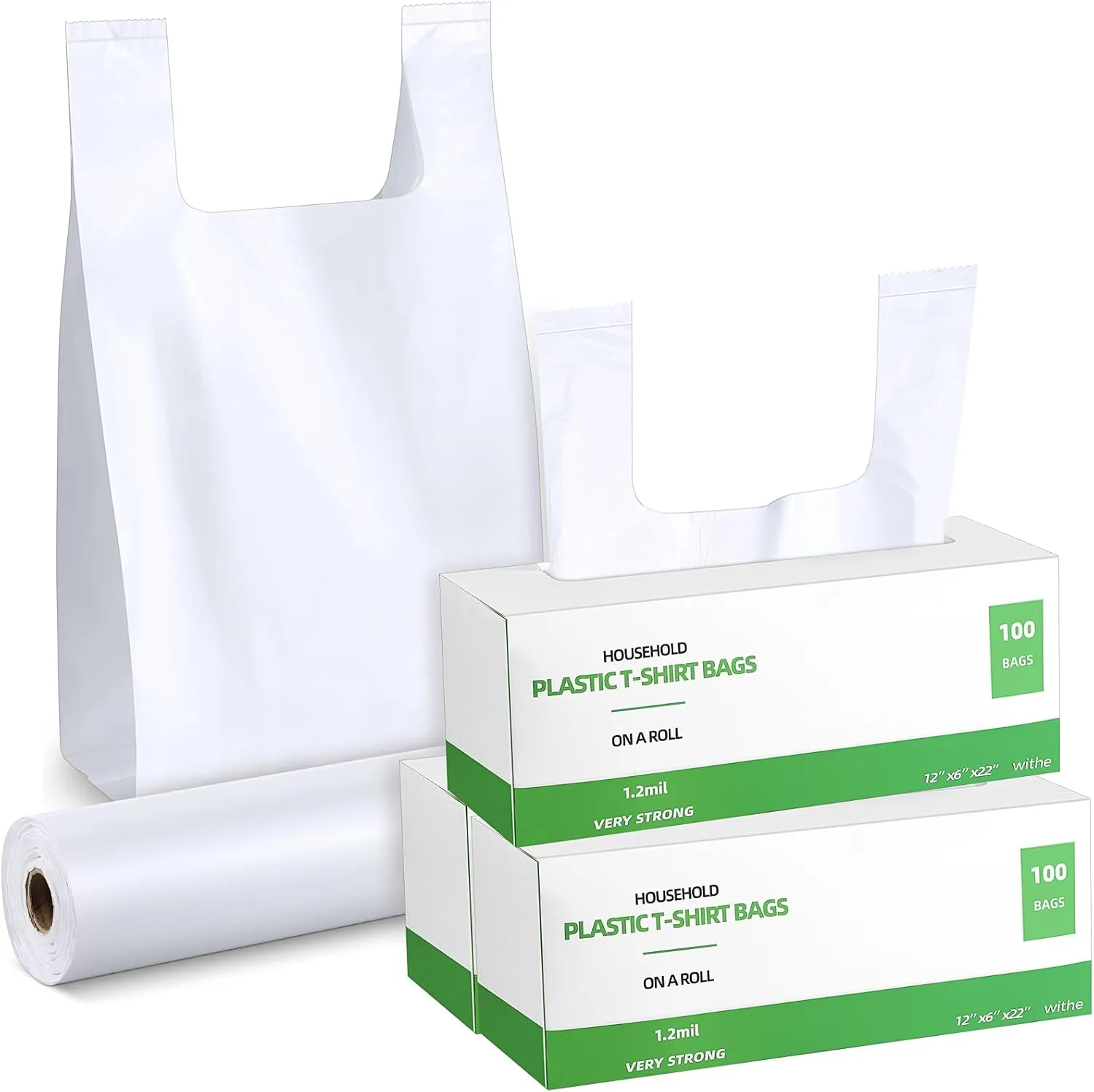 300 Count Plastic Grocery Bags with Handles Large T Shirt Shopping Bags for Small Business Restaurants Convenience Store 1.2 Mil Dispenser Roll Plain White 12 x 6 x 22 Inch