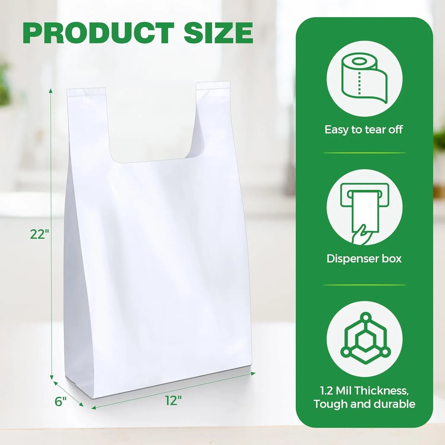 300 Count Plastic Grocery Bags with Handles Large T Shirt Shopping Bags for Small Business Restaurants Convenience Store 1.2 Mil Dispenser Roll Plain White 12 x 6 x 22 Inch