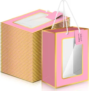 36 Pcs Pink Kraft Paper Gift Bags with Clear Transparent Windows, Handles and Tags 7.1 x 5.12 x 9.84 Inch Clear Gift Bags for Wedding Mother's Day Gift Wrap