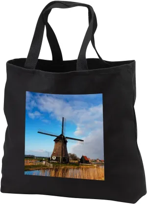 3dRose Black Tote Bag 14w x 14h x 3d - Netherlands, Nord Holland, Famous Windmill along a rural canal Windmills