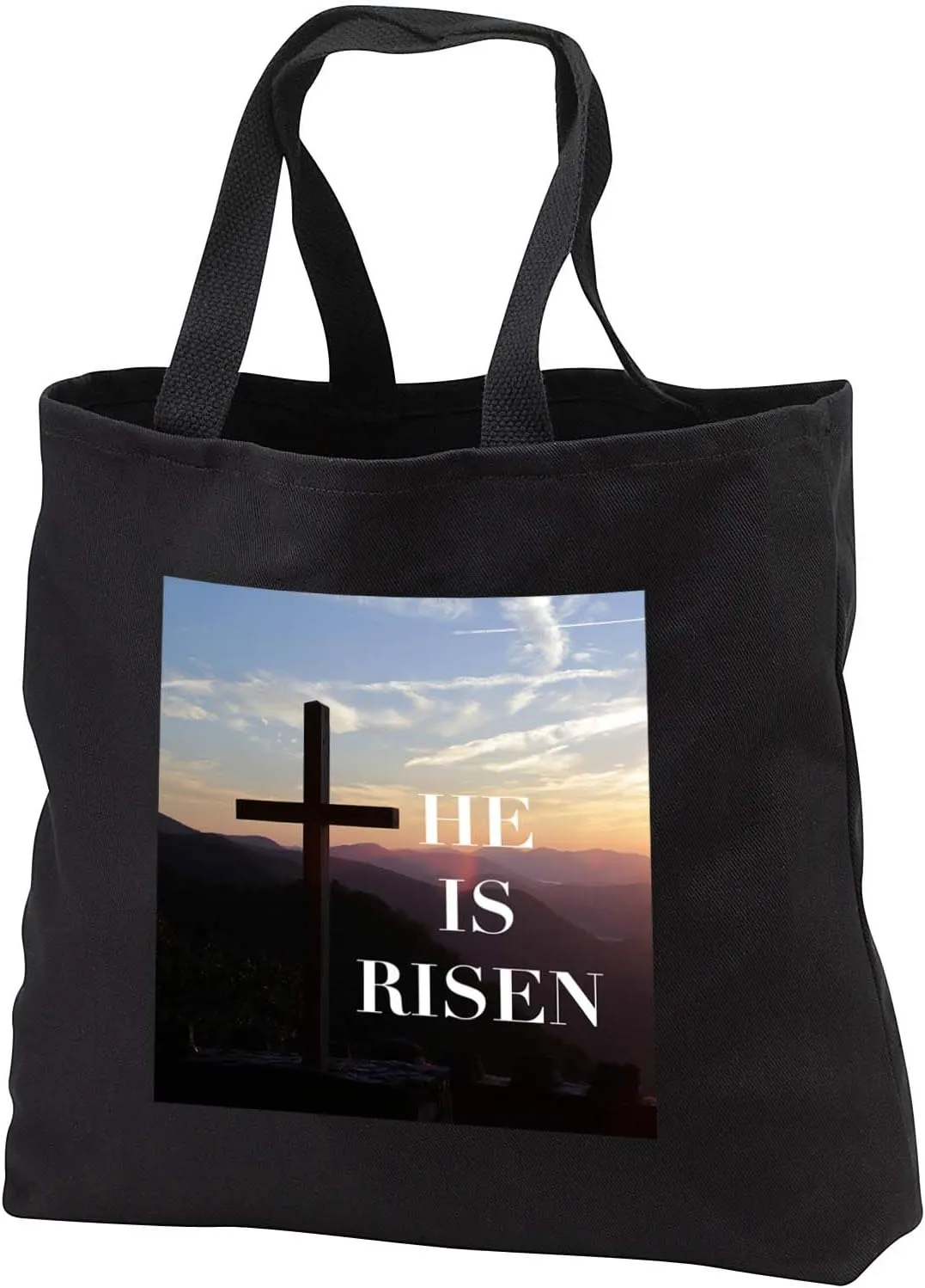 3dRose He is risen on a photo of the cross at Pretty Place at sunrise. - Tote Bags (tb_344616)