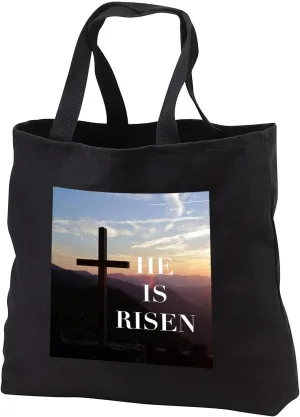 3dRose He is risen on a photo of the cross at Pretty Place at sunrise. - Tote Bags (tb_344616)