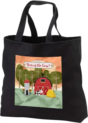 3dRose Image of Year of the Cow Farm with Barn Cow Hay Sunflower Trees - Tote Bags (tb_335235)