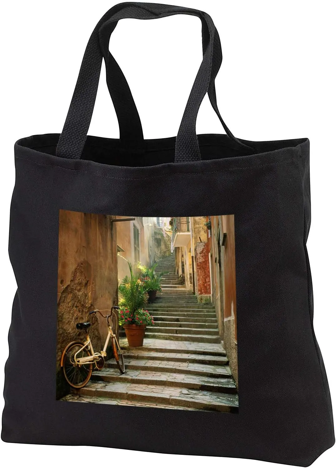 3dRose Italy, Cinque Terre, Monterosso. Bicycle and uphill stairway. - Tote Bags (tb_330177)