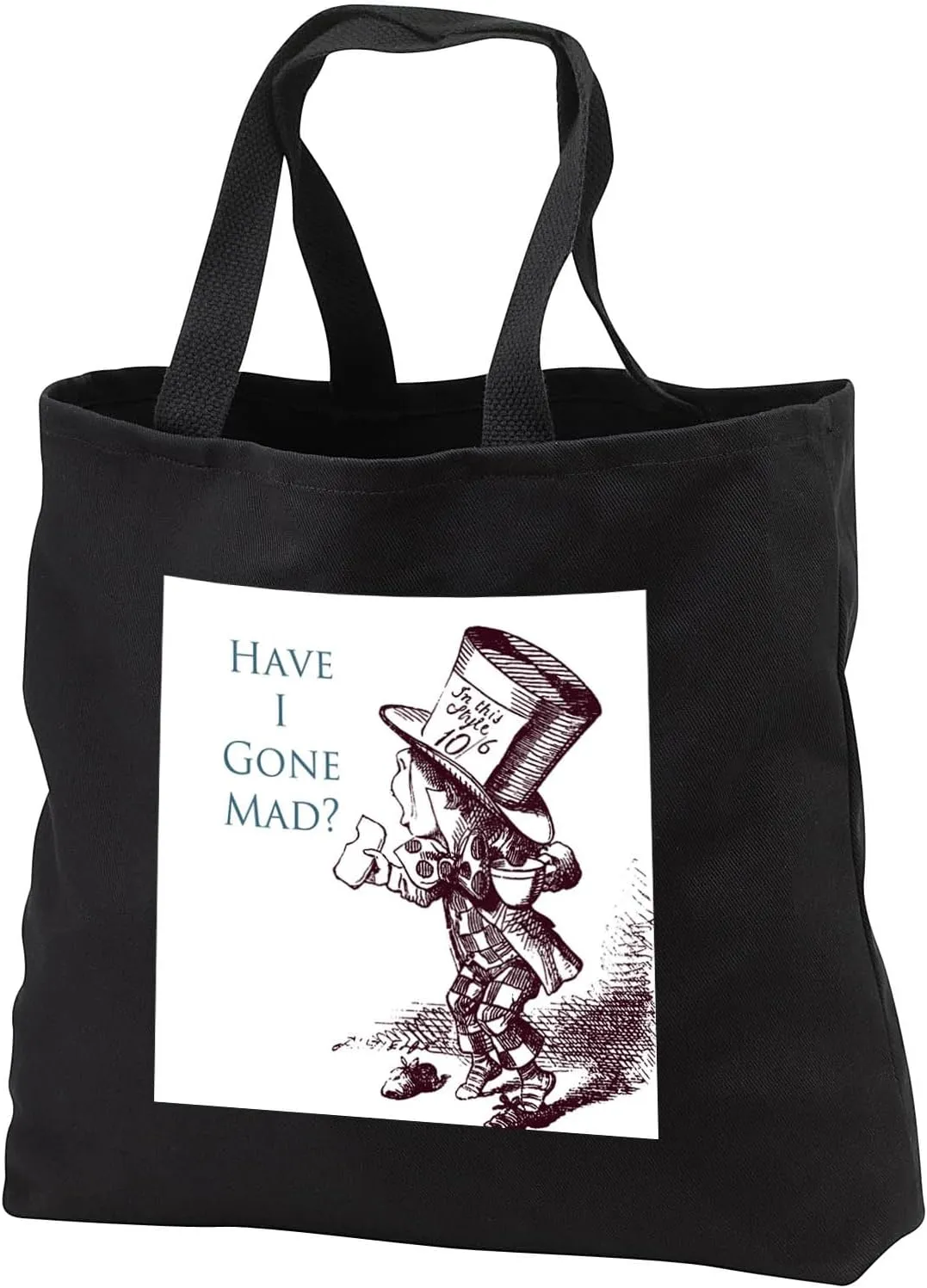 3dRose PS Vintage - Mad Hatter Have I gone Mad Alice in Wonderland - Black Tote Bag 14w x 14h x 3d (tb_110410)