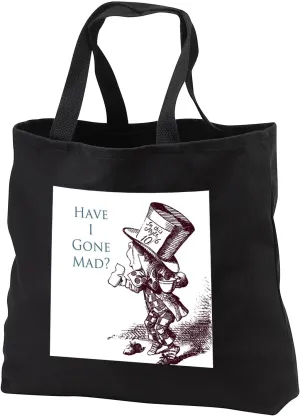 3dRose PS Vintage - Mad Hatter Have I gone Mad Alice in Wonderland - Black Tote Bag 14w x 14h x 3d (tb_110410)