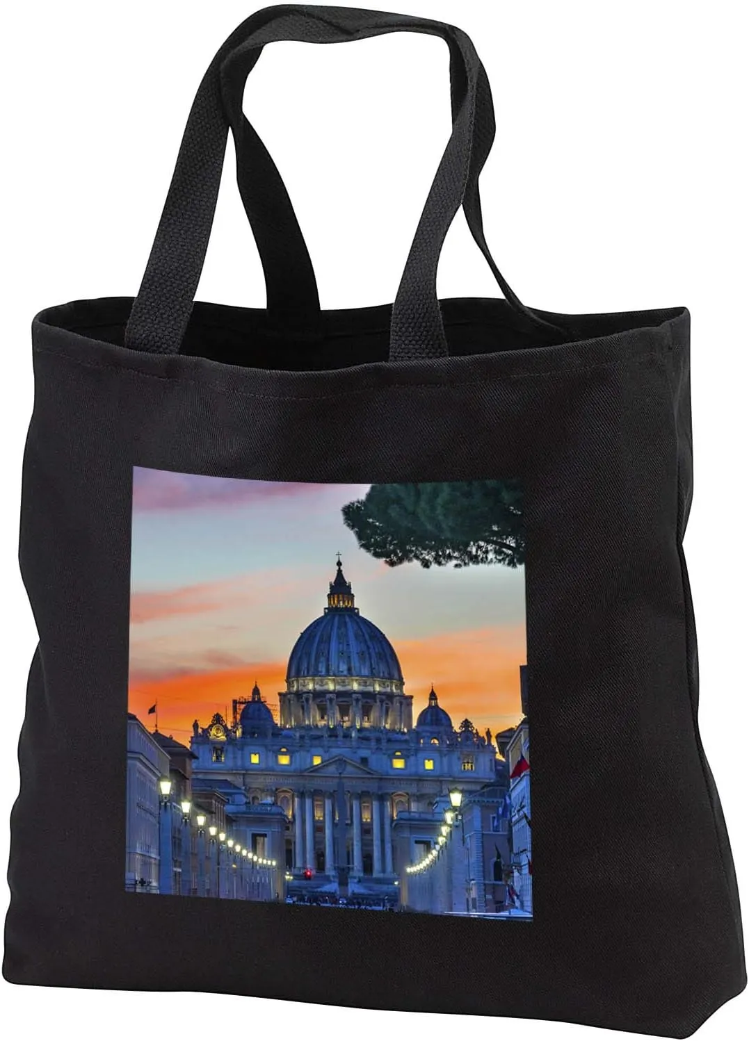 3dRose Sunset and streetlights. Saint Peters Basilica, Vatican, Rome, Italy. - Tote Bags (tb_344034)