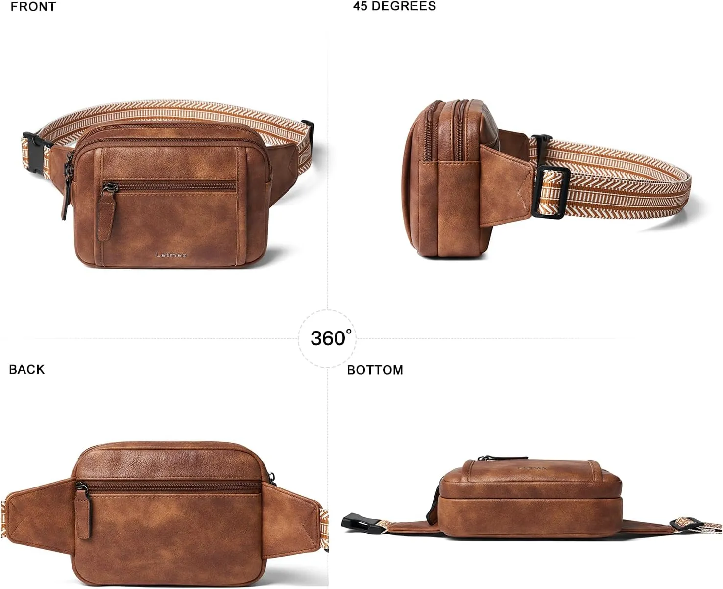 3L TRIPLE ZIP Fanny Packs Belt Bag For Women Men Crossbody Waist Pack Sling Chest Bum Travel Bag Purse Faux Leather Fashion Cute Brown