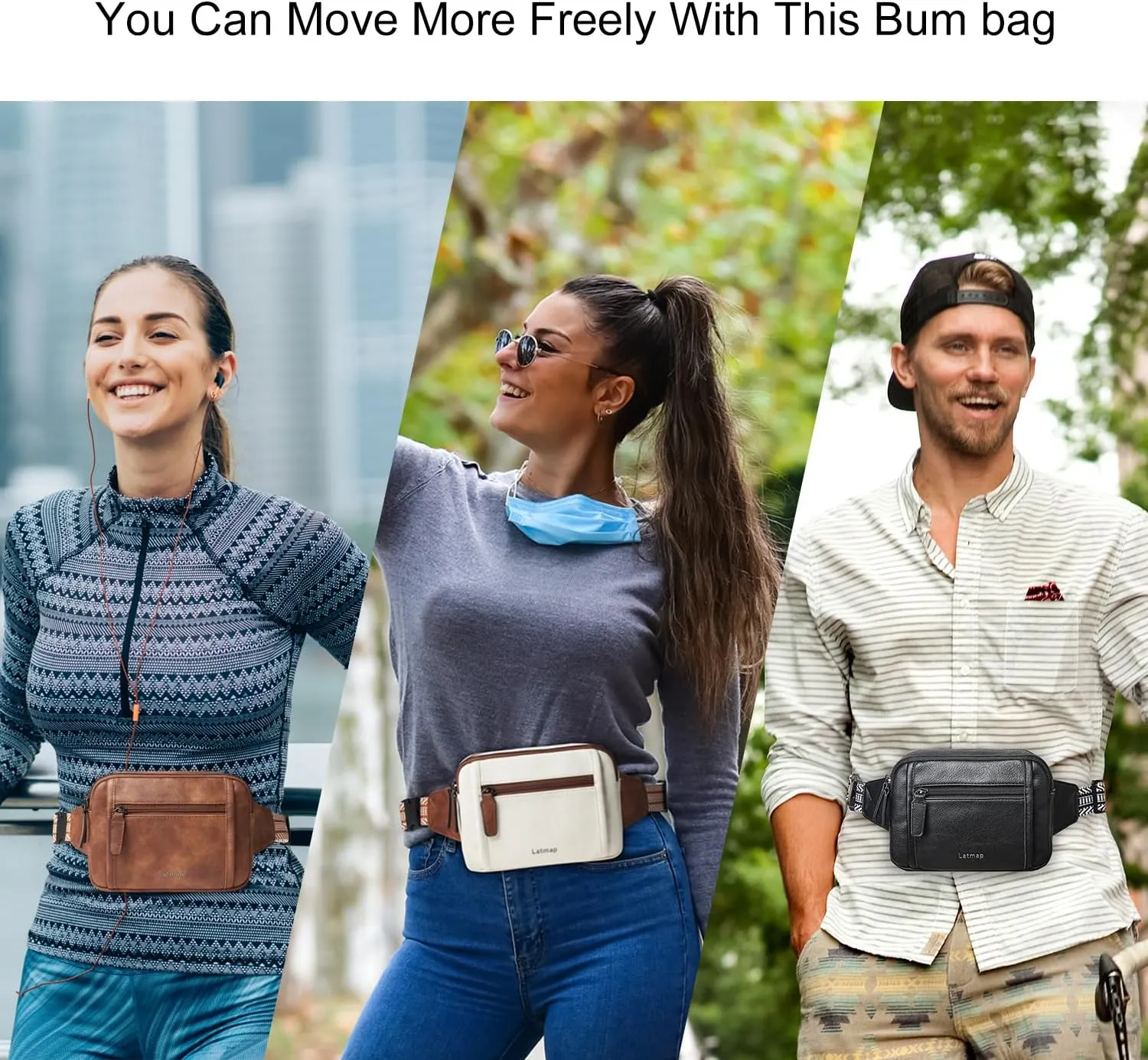 3L TRIPLE ZIP Fanny Packs Belt Bag For Women Men Crossbody Waist Pack Sling Chest Bum Travel Bag Purse Faux Leather Fashion Cute Brown