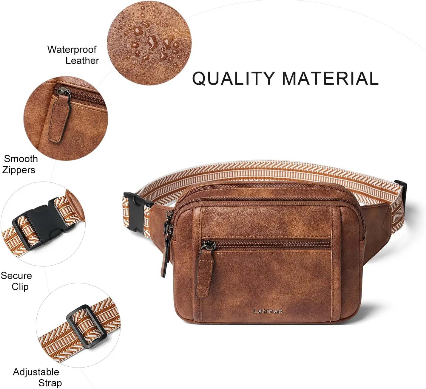 3L TRIPLE ZIP Fanny Packs Belt Bag For Women Men Crossbody Waist Pack Sling Chest Bum Travel Bag Purse Faux Leather Fashion Cute Brown
