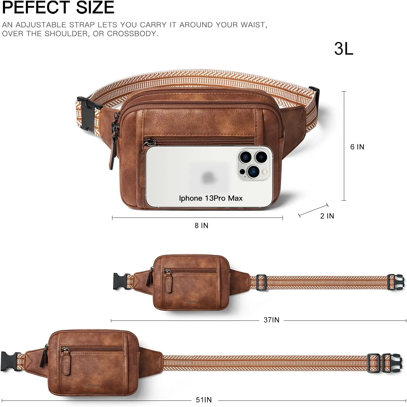 3L TRIPLE ZIP Fanny Packs Belt Bag For Women Men Crossbody Waist Pack Sling Chest Bum Travel Bag Purse Faux Leather Fashion Cute Brown